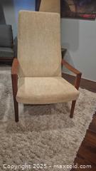 MaxSold Auction: Mid-Century Modern High-Back Teak Lounge Armchair, Beige Fabric - Kingston (Ontario, Canada) SELLER MANAGED Downsizing Online Auction - Canniff Place