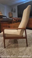 MaxSold Auction: Mid-Century Modern High-Back Teak Lounge Armchair, Beige Fabric - Kingston (Ontario, Canada) SELLER MANAGED Downsizing Online Auction - Canniff Place