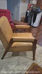 MaxSold Auction: Mid-Century Modern Lounge Armchair, Tan Upholstery, Wood Frame - Kingston (Ontario, Canada) SELLER MANAGED Downsizing Online Auction - Canniff Place