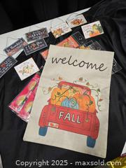 MaxSold Auction: Fall Flag, Hanging Tin Gift Signs.  - Toronto (Ontario, Canada) SELLER MANAGED Downsizing Online Auction - Carlingview Drive