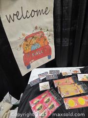 MaxSold Auction: Fall Flag, Hanging Tin Gift Signs.  - Toronto (Ontario, Canada) SELLER MANAGED Downsizing Online Auction - Carlingview Drive