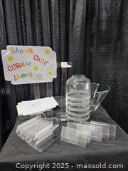 MaxSold Auction: Large Glass Decorator Vase with etched stripes. Acrylic stands  - Toronto (Ontario, Canada) SELLER MANAGED Downsizing Online Auction - Carlingview Drive