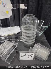 MaxSold Auction: Large Glass Decorator Vase with etched stripes. Acrylic stands  - Toronto (Ontario, Canada) SELLER MANAGED Downsizing Online Auction - Carlingview Drive