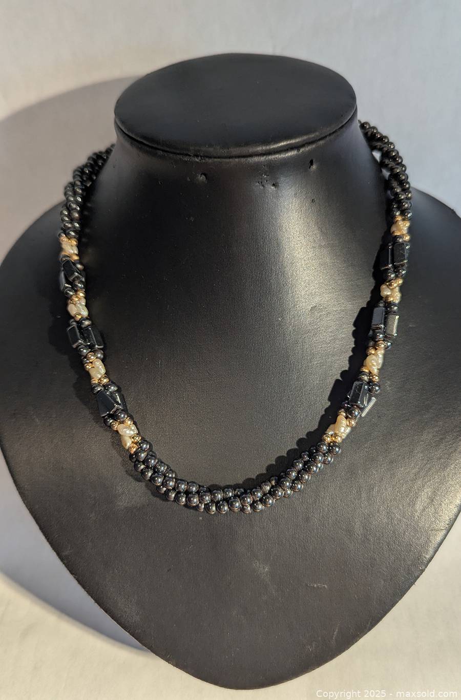 Vintage Beaded Necklace with Hematite, Glass, and Pearl-Like