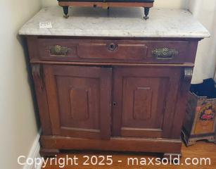 MaxSold Auction: Antique Marble-Top Cabinet / Vanity with White Carrara-Style Top C - Ottawa (Ontario, Canada) PARTNER MANAGED Downsizing Online Auction - Garfield Avenue