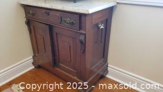 MaxSold Auction: Antique Marble-Top Cabinet / Vanity with White Carrara-Style Top C - Ottawa (Ontario, Canada) PARTNER MANAGED Downsizing Online Auction - Garfield Avenue