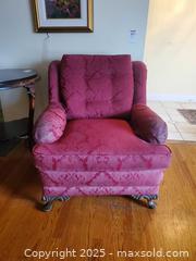 MaxSold Auction: Burgundy Damask Upholstered Club Chair with Carved Feet `C - Ottawa (Ontario, Canada) PARTNER MANAGED Downsizing Online Auction - Garfield Avenue