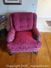 MaxSold Auction: Burgundy Damask Upholstered Club Chair with Carved Feet `C - Ottawa (Ontario, Canada) PARTNER MANAGED Downsizing Online Auction - Garfield Avenue