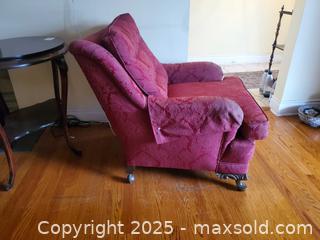 MaxSold Auction: Burgundy Damask Upholstered Club Chair with Carved Feet `C - Ottawa (Ontario, Canada) PARTNER MANAGED Downsizing Online Auction - Garfield Avenue