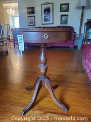 MaxSold Auction: Round Pedestal Side Table with Small Drawer, Federal-Style A - Ottawa (Ontario, Canada) PARTNER MANAGED Downsizing Online Auction - Garfield Avenue