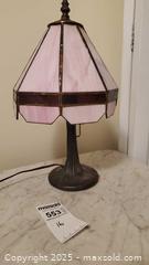 MaxSold Auction: Tiffany-Style Stained Glass Table Lamp with Pale Pink Shade A - Ottawa (Ontario, Canada) PARTNER MANAGED Downsizing Online Auction - Garfield Avenue