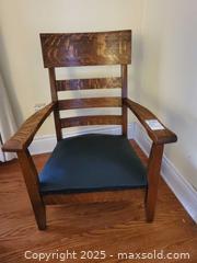 MaxSold Auction: Vintage Oak Mission Style Slat-Back Armchair with Black Vinyl Seat B - Ottawa (Ontario, Canada) PARTNER MANAGED Downsizing Online Auction - Garfield Avenue