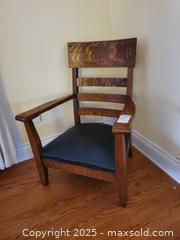 MaxSold Auction: Vintage Oak Mission Style Slat-Back Armchair with Black Vinyl Seat B - Ottawa (Ontario, Canada) PARTNER MANAGED Downsizing Online Auction - Garfield Avenue