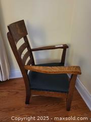 MaxSold Auction: Vintage Oak Mission Style Slat-Back Armchair with Black Vinyl Seat B - Ottawa (Ontario, Canada) PARTNER MANAGED Downsizing Online Auction - Garfield Avenue