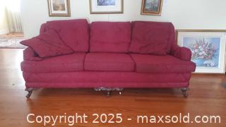 MaxSold Auction: Three-Seat Burgundy Jacquard-Pattern Sofa with Carved Legs C - Ottawa (Ontario, Canada) PARTNER MANAGED Downsizing Online Auction - Garfield Avenue
