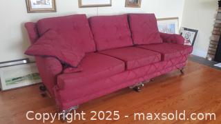 MaxSold Auction: Three-Seat Burgundy Jacquard-Pattern Sofa with Carved Legs C - Ottawa (Ontario, Canada) PARTNER MANAGED Downsizing Online Auction - Garfield Avenue