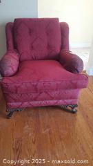 MaxSold Auction: Traditional Deep Red Damask Button-Tufted Upholstered Armchair B - Ottawa (Ontario, Canada) PARTNER MANAGED Downsizing Online Auction - Garfield Avenue