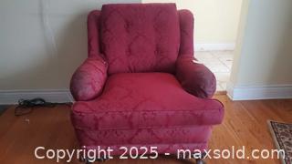 MaxSold Auction: Traditional Deep Red Damask Button-Tufted Upholstered Armchair B - Ottawa (Ontario, Canada) PARTNER MANAGED Downsizing Online Auction - Garfield Avenue