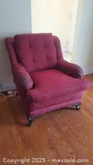 MaxSold Auction: Traditional Deep Red Damask Button-Tufted Upholstered Armchair B - Ottawa (Ontario, Canada) PARTNER MANAGED Downsizing Online Auction - Garfield Avenue