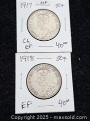 MaxSold Auction: Two Silver Newfoundland 50 Cent Coins, 1917 and 1918 - Burnside (British Columbia, Canada) PARTNER MANAGED Estate Sale Online Auction - Hillside Avenue