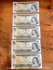 MaxSold Auction: Five 1973 Canadian One Dollar Bills - Lanark (Ontario, Canada) SELLER MANAGED Downsizing Online Auction -  Markle Road