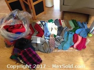 Hand Knit Socks,  Bag Of Scarves,  Hats And Mitts