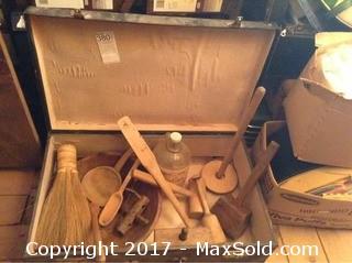 Suitcase Of Early Wood Collectibles